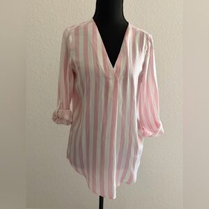 Stradivarius Pink & White Vertical Stripe V-Neck Blouse